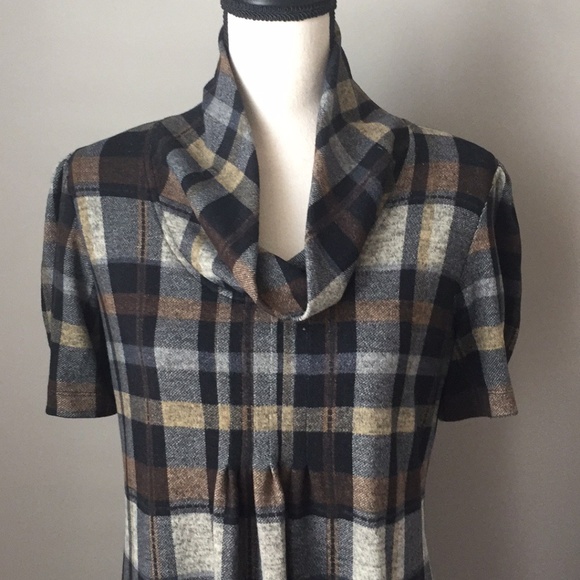 Short Sleeve Plaid Cowl Neck Dress - Picture 3 of 5